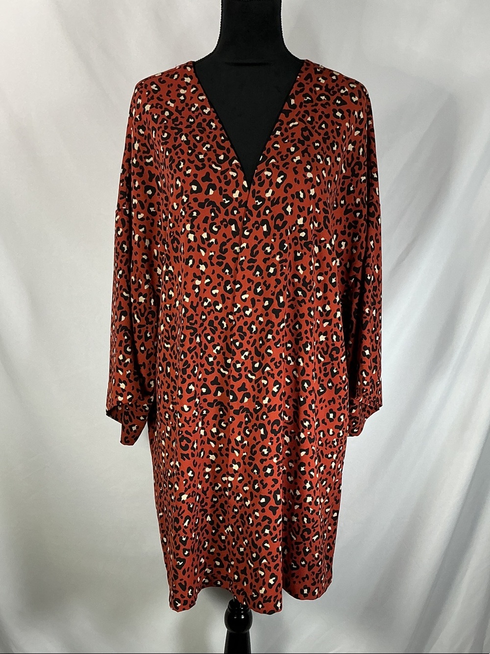 EVRI Kimono Cardigan Open Front Plus Size 3X Rust Orange Black Leopard Print